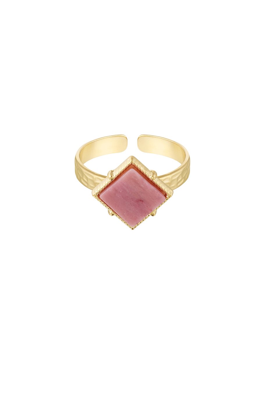Goldfarbener offener Ring – Rosa rautenförmiger Stein – Edelstahl – Einheitsgröße