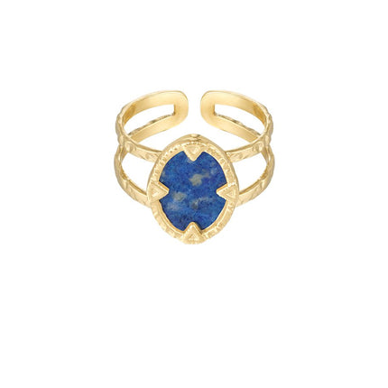 Bague Dorée avec Pierre Bleue - Pierre Naturelle - Bijou Tendance en Acier Inoxydable - Taille Unique Réglable - Bague Chic -