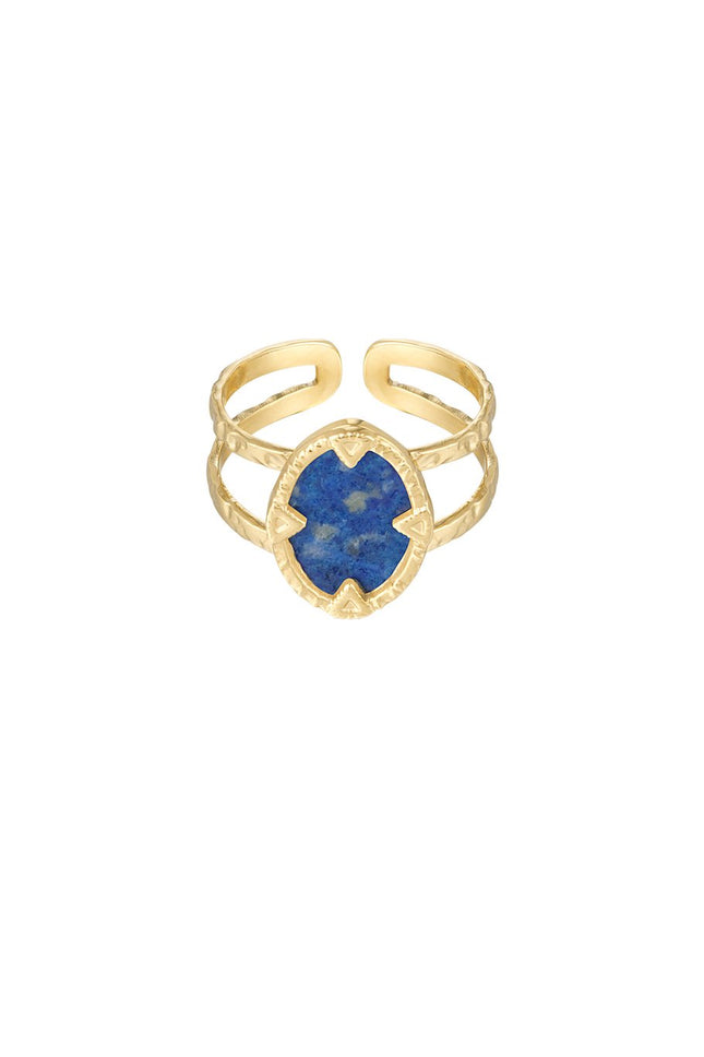 Gouden Ring met Blauwe Steen - Natuursteen – Trendy Stainless Steel Sieraad – One Size Verstelbaar – Chique Ring –