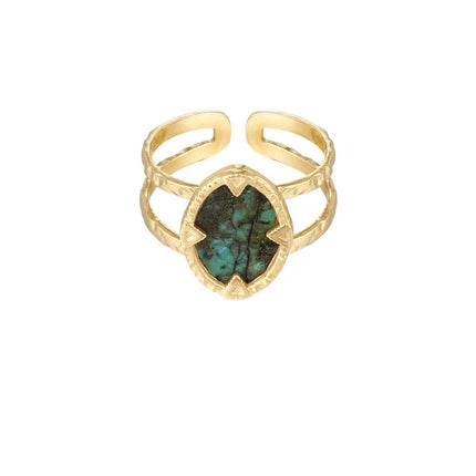 Bague Dorée avec Pierre Verte - Pierre Naturelle – Bijou Tendance en Acier Inoxydable – Taille Unique Ajustable – Bague Chic –