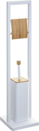 Porte-rouleau de papier toilette sur pied - Métal et bambou - Blanc - Brosse WC incluse