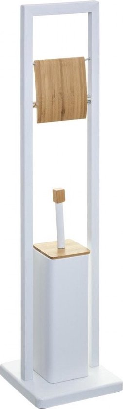 Porte-rouleau de papier toilette sur pied - Métal et bambou - Blanc - Brosse WC incluse