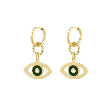 Set de 2 Boucles d'oreilles Œil - Doré avec Émail Vert & Strass Argentés - 1,8 x 3,0 cm