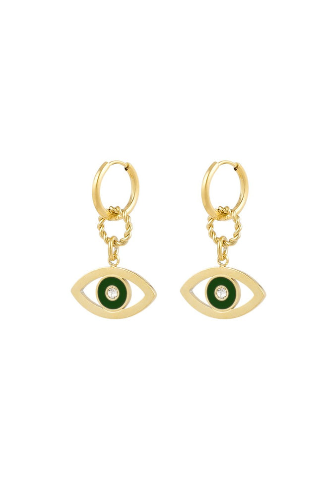 Set de 2 Boucles d'oreilles Œil - Doré avec Émail Vert & Strass Argentés - 1,8 x 3,0 cm