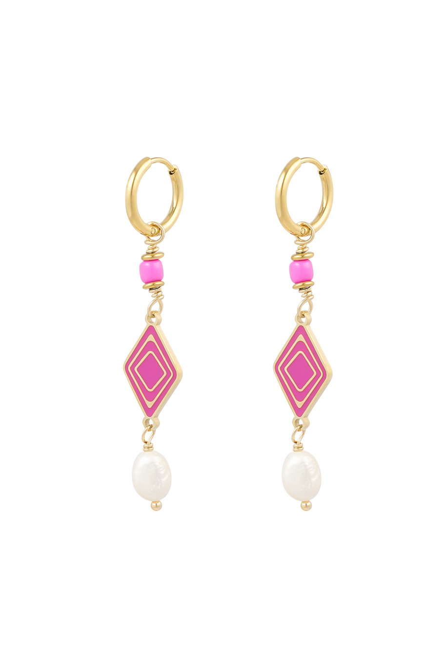 Set of 2 Earrings - Gold-colored Diamond with Pink Enamel & Pearl - 1.5 x 5.5 cm