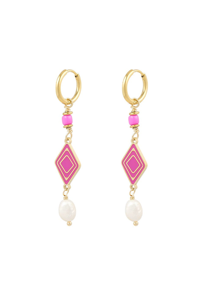 Lot de 2 Boucles d'Oreilles - Losange Doré avec Émail Rose & Perle - 1,5 x 5,5 cm