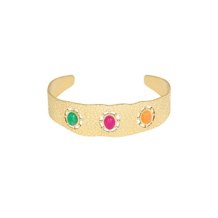Bracelet Bohème - Acier Inoxydable Doré avec 3 Pierres (Vert, Rose, Orange) - 1,8 cm x 5 cm