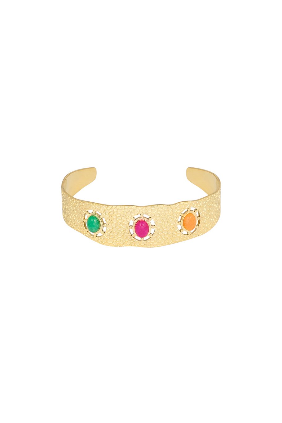 Bohemian Armband - Goudkleurig Stainless Steel met 3 Steentjes (Groen, Roze, Oranje) - 1, 8 cm x 5 cm