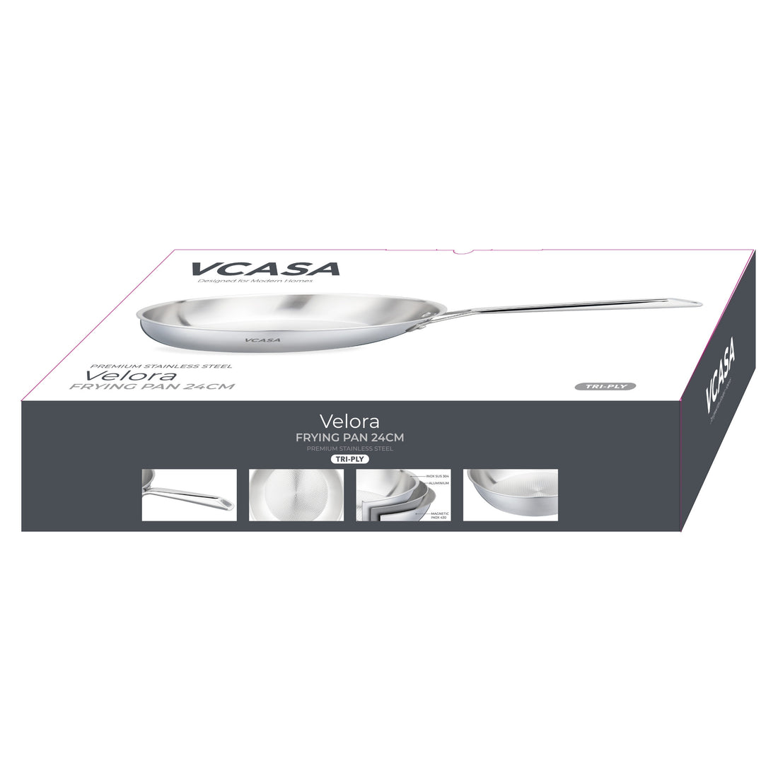 Vcasa rvs koekenpan 24 cm, 2 liter, tri-ply met honingraatstructuur, Velora