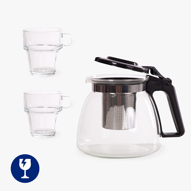 Théière 3 pièces de 900 ml et 2 tasses en verre de 270 ml