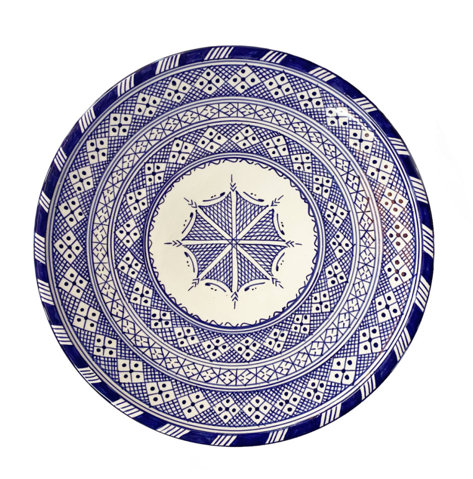 Marokkaanse aardewerk schaal Fes – blauw-wit, handbeschilderd, Ø 30 cm