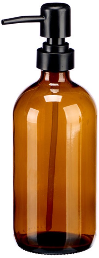 Glazen zeepdispenser 500 ml – rond, bruin met zwarte pomp, navulbaar – foto 3