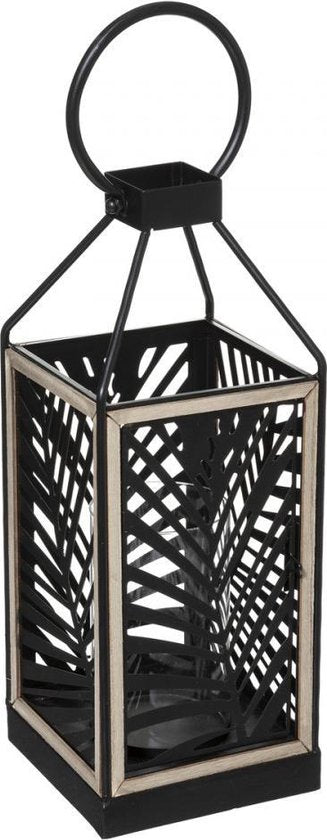 Lantern - hurricane lamp - black - wood - 38cm - including glass insert