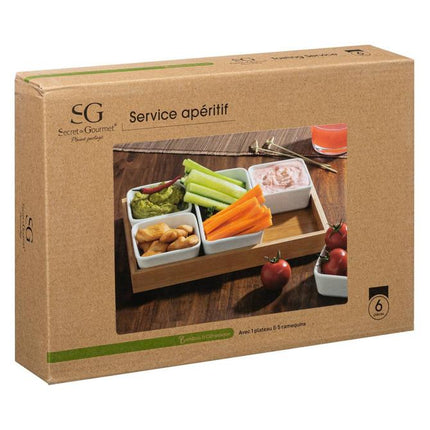 Secret de Gourmet Aperitief servies van bamboeporselein - 6 Schaaltjes + houten dienblad