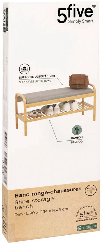 5Five Shoe Rack Bench - 2-tier - bamboo / plastic - 90 x 34 x 45 cm - for 4 pairs of shoes