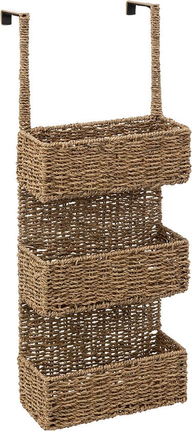 5Five Opbergmand deurrek - 3 manden - riet - bruin - 28 x 12 x 69 cm - badkamerkast