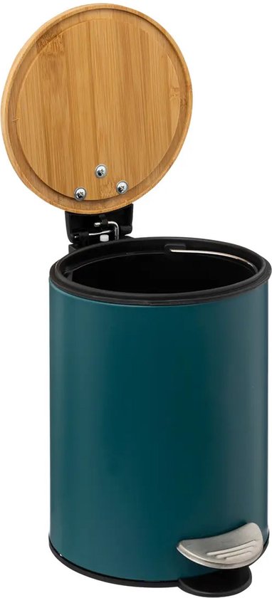 5Five pedaalemmer 3 liter met softclose – petrolblauw met bamboe, 17 x 24 cm – foto 2