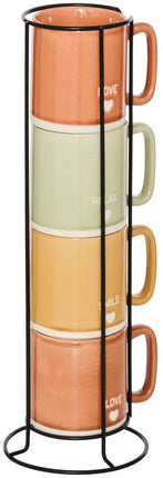 Secret de Gourmet Tasses à café/mugs Earth - Lot de 4 sur support métallique - Céramique - Finition brillante - 340 ml - 7 x 9 cm