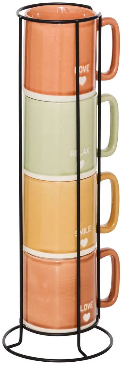 Secret de Gourmet Tasses à café/mugs Earth - Lot de 4 sur support métallique - Céramique - Finition brillante - 340 ml - 7 x 9 cm