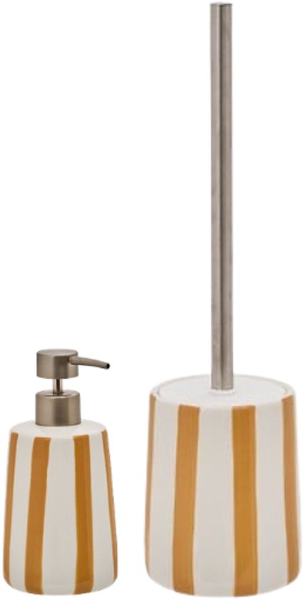 Bathroom Accessory Set – Stylish Bathroom Accessories – Strio Soap Pump 17.3 cm & Toilet Brush 39 cm – Luxury Soap Dispenser & Toilet Brush with Holder – Ceramic Dolomite – Yellow