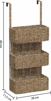 5Five Opbergmand deurrek - 3 manden - riet - bruin - 28 x 12 x 69 cm - badkamerkast