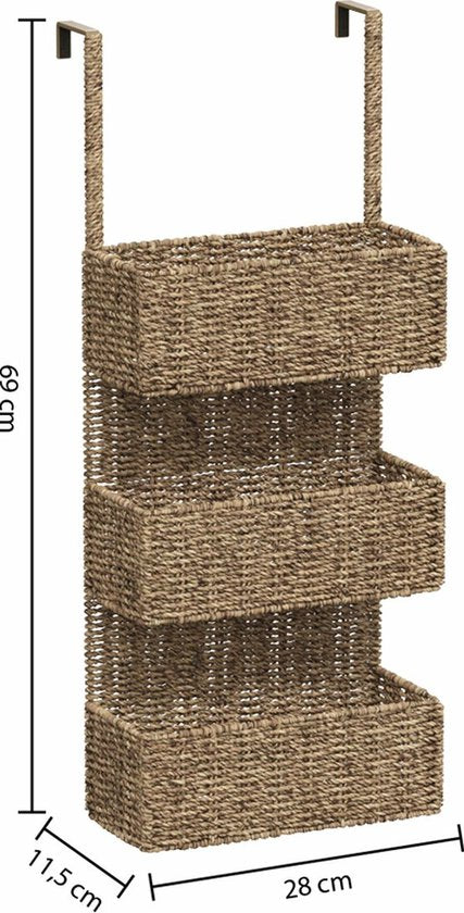 5Five Opbergmand deurrek - 3 manden - riet - bruin - 28 x 12 x 69 cm - badkamerkast