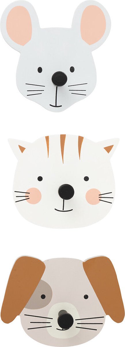 Atmosphera Kids Dierenkapstok - Set van 3 stuks - Muis, kat en hond - Multi
