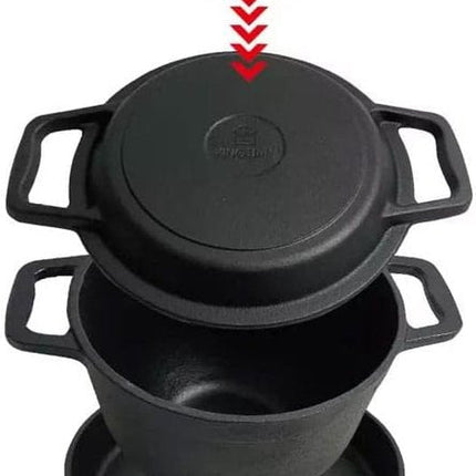 Kinghoff KH1732 - Gietijzeren Camping Kookset 3-in-1 (5L) - Grillpan, Deksel & Pan - Kookstel - Kamperen - Cookingset