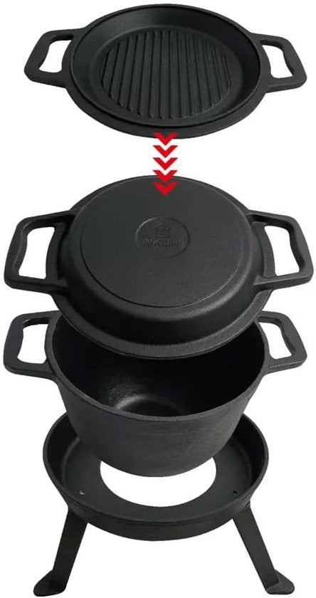 Kinghoff KH1732 - Gusseisernes Camping-Kochset 3-in-1 (5L) - Grillpfanne, Deckel & Topf - Kochset - Camping - Kochgeschirr