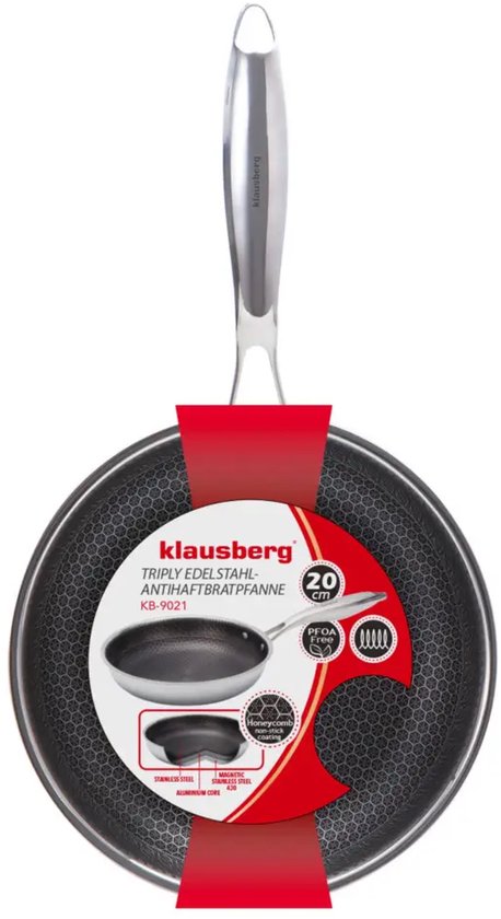 Klausberg 9021 – Bratpfanne, Antihaftbeschichtung mit Wabenstruktur – 20 cm – 3-lagig – 304 Edelstahl – PFOA-frei