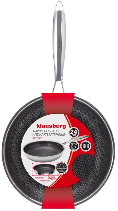 Klausberg 9022 - Frying pan, non-stick coating with honeycomb structure - 24 cm - 3-ply - 304 stainless steel - PFOA-free