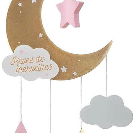 Décoration Chambre Enfant Lune Bois 43cm - Or/Rose