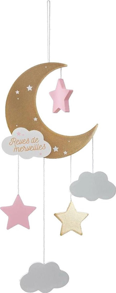 Décoration Chambre Enfant Lune Bois 43cm - Or/Rose