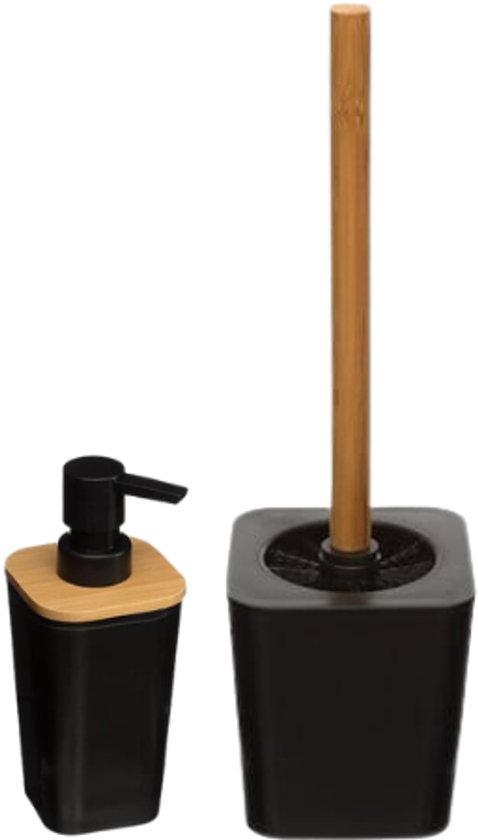 Natureo Badezimmer-Accessoire-Set – Badezimmer-Accessoires-Set – Modernes WC-Set – Luxuriöse Badezimmer-Accessoires – Toilettenbürste mit Halter – Seifenspender 300 ml – Bambus/PS – Schwarz