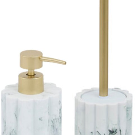 Badkamer Accessoiresset – Moderne Badkamer Accessoires – Zeeppomp 230ml & Toiletborstel Set – Luxe Zeepdispenser & Toiletborstel met Houder – Polyresin – Wit Marmer