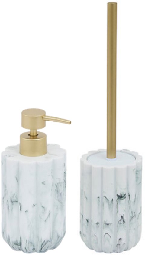 Badkamer accessoireset – Moderne Badkamer Accessoires – Zeeppomp 230 ml & Toiletborstel Set – Luxe Zeepdispenser & Toiletborstel met Houder – Polyresin – Wit Marmer