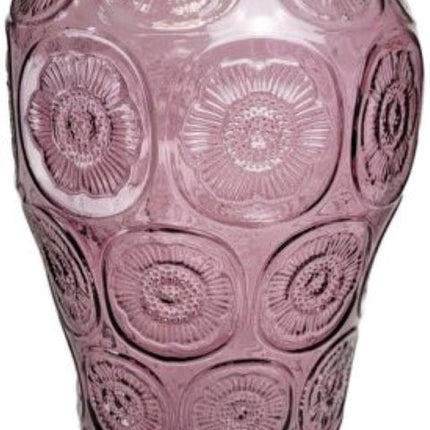 MPLCo - Bloemenvaas - Vaas - Glazen Vaas - Bloemenvaas met Reliëf Bloemenpatroon - Decoratieve Vaas voor Verse & Droogbloemen - Ø9.5 x 24 cm - Transparant Paars