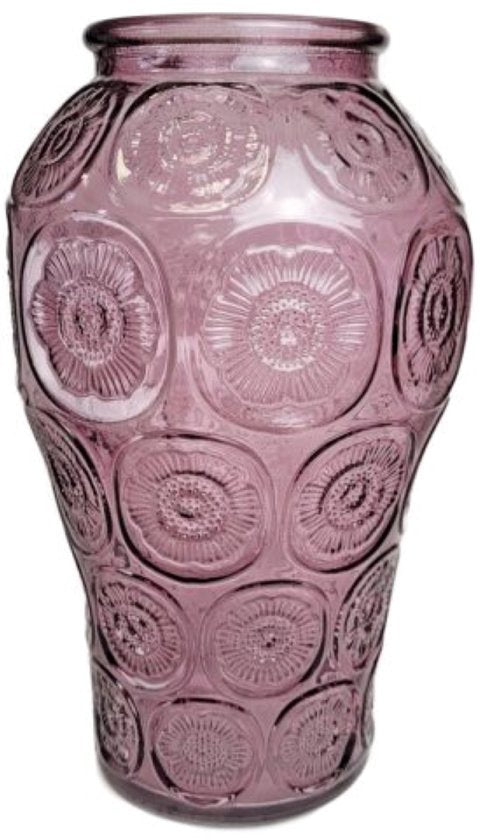 MPLCo - Flower Vase - Vase - Glass Vase - Flower Vase with Embossed Floral Pattern - Decorative Vase for Fresh & Dried Flowers - Ø9.5 x 24 cm - Transparent Purple
