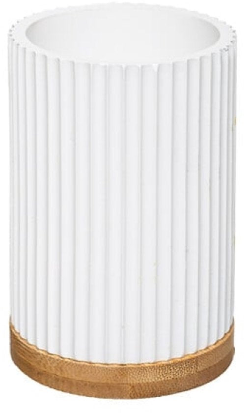 Badkameraccessoireset – Moderne Badkamer Accessoires – Zeeppomp & Tandenborstelhouder Set – Polyresin met Bamboe – Luxe Zeepdispenser & Beker – Wit