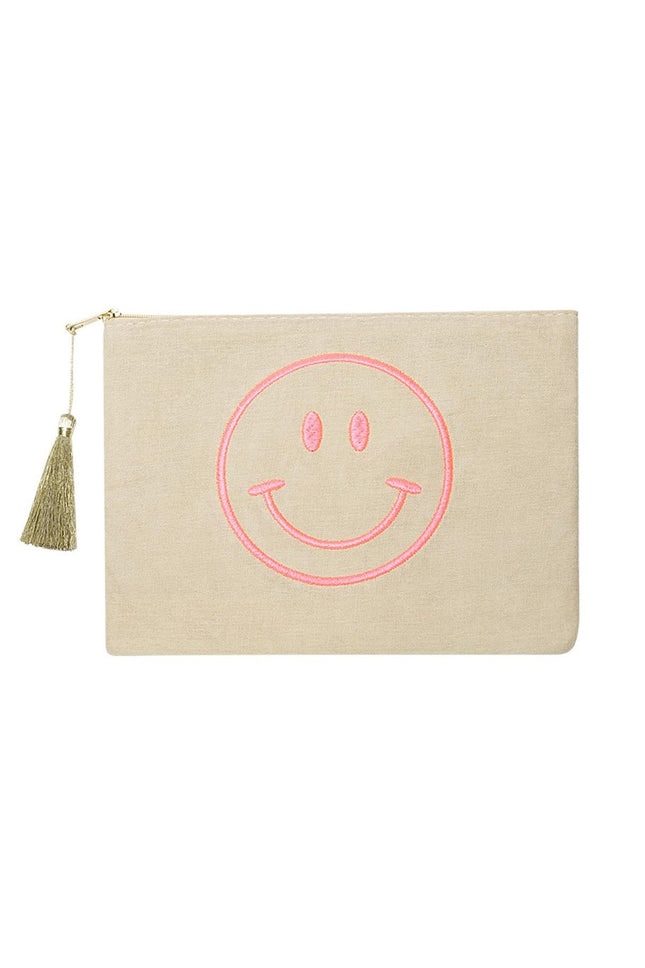 Trousse de Maquillage Smiley - Coton Beige & Rose (22x16 cm) - Avec Pompon & Broderie - Idéale pour Maquillage, Bijoux ou Accessoires de Voyage