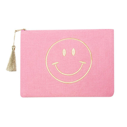 Smiley Make-up Tas - Roze Katoen Cosmetic Tasje (22x16 cm) - Met Kwastje & Borduursel - Ideaal voor Make-up, Sieraden of Reisaccessoires