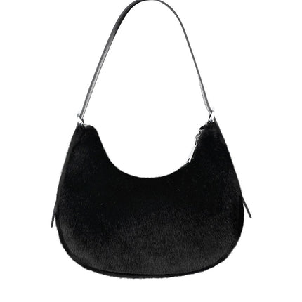 Sac urbain noir duveteux - Sac à main en fausse fourrure douce avec bandoulière réglable - 26x21x10 cm - Polyester