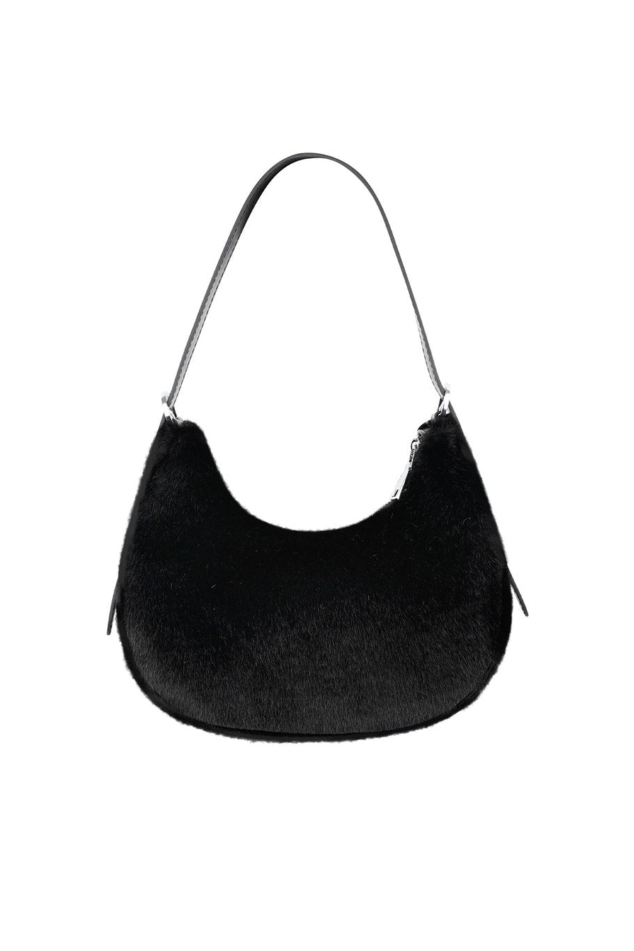Black Fluffy City Bag - Soft Faux Fur Handbag with Adjustable Shoulder Strap - 26x21x10 cm - Polyester