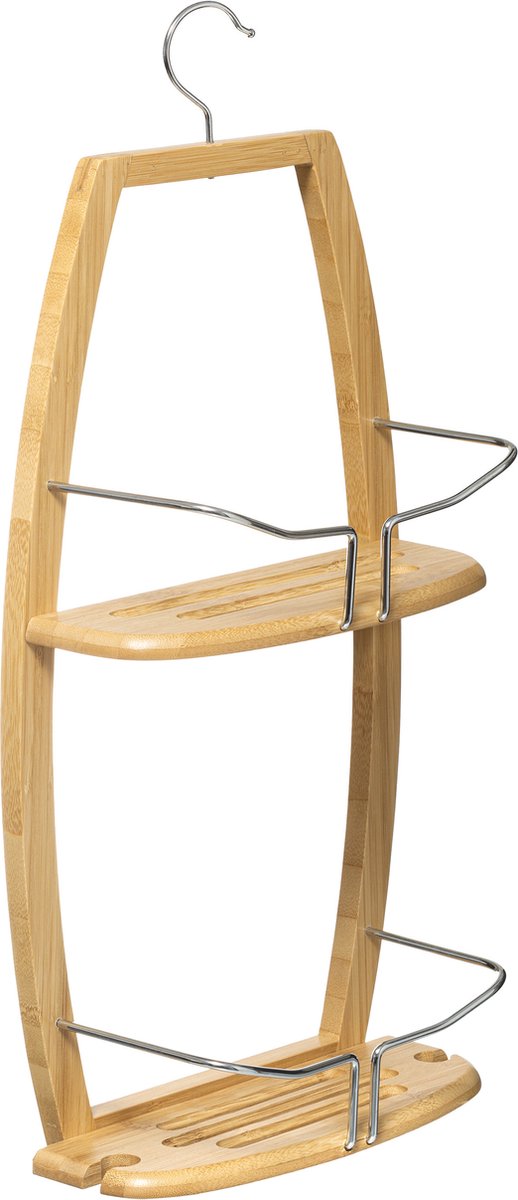 Luxe doucherekje/badkamerrekje 2 lagen bamboe hout met ophanghaak 27 x 13 x 59 cm - Opberg rekjes voor shampoo/douchegel