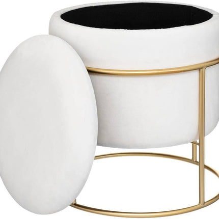 Pouf - Velours - Blanc - Ø42 cm - Avec rangement