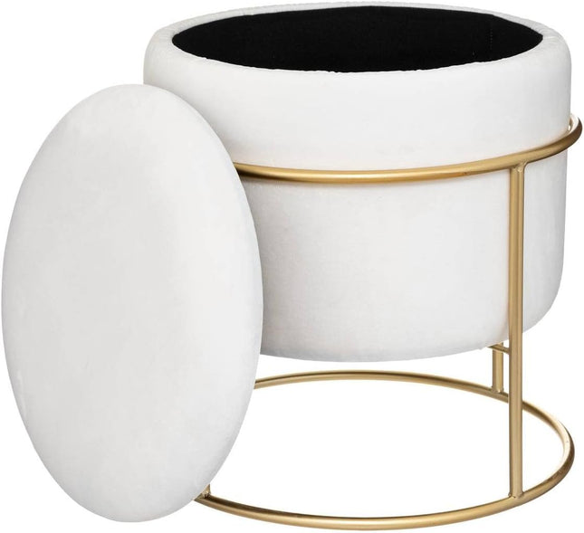 Poef - Velvet - Wit- Ø42 cm - Met opbergruimte