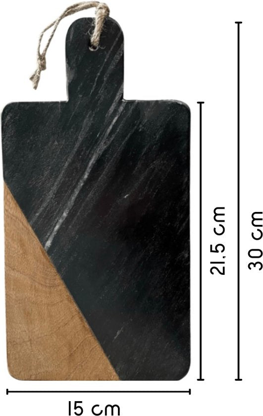 Schneidebrett - Servierbrett aus schwarzem Marmor und Mangoholz 30 x 15 cm | Marmor-Schneidebrett
