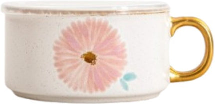 Homla - Meren Serveerschaal - Keramische Serveerschaal met Gouden Handgreep - Dessertschaal - Snackschaal - Decoratieve Kom - Bloemenmotief - 0.6 Liter - Ø14 x 7 cm - Crème met Roze Bloemenmotief