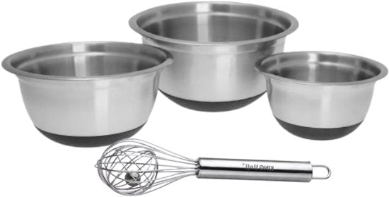 Rührschüssel-Set mit Schneebesen – 3 Rührschüsseln mit rutschfestem Boden & Schneebesen – Stapelbare Küchenschüsseln – Edelstahl – Silber