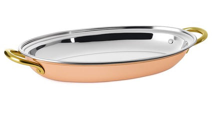 MPLCo - Serveerplank - Luxe Tapasplank - Serveerschaal - Stalen & Koperen Serveerpan met Handgrepen - Serveerschaal voor Hapjes, Voorgerechten & Desserts - 20 x 14 x 2.5 cm - Koper